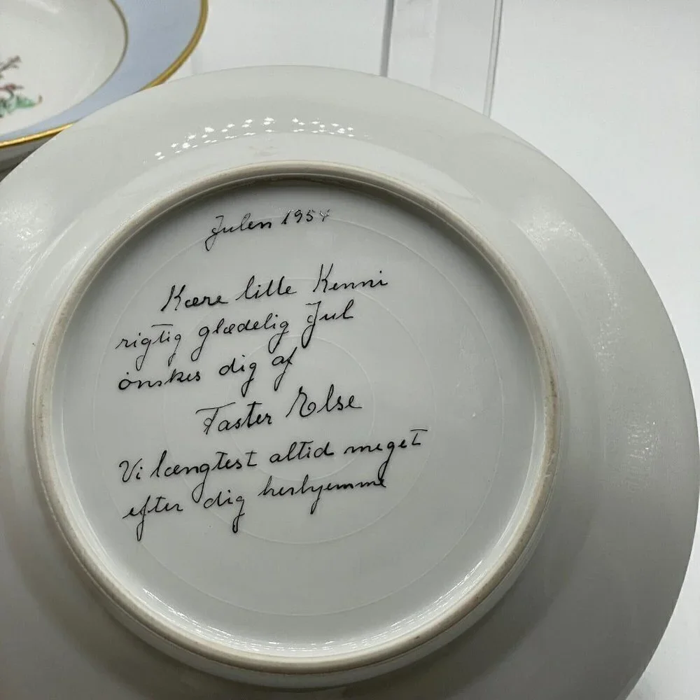 Vintage Signed 1954 Denmark Ceramic Hand Painted Blue Rim Child's Plate Bowl Set